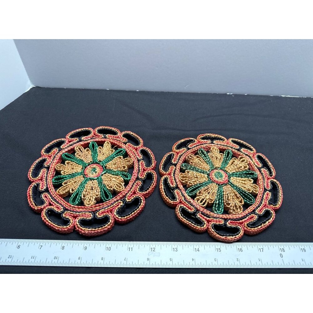 Vintage Hand-Woven Straw Trivet BCoasters Set Of 2 Decorative Floral Design Roun